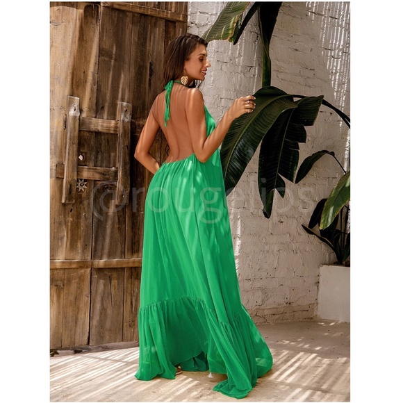 Green Flowy Halter Cutout Maxi Flared Dress Backless Open Back - Picture 7 of 8